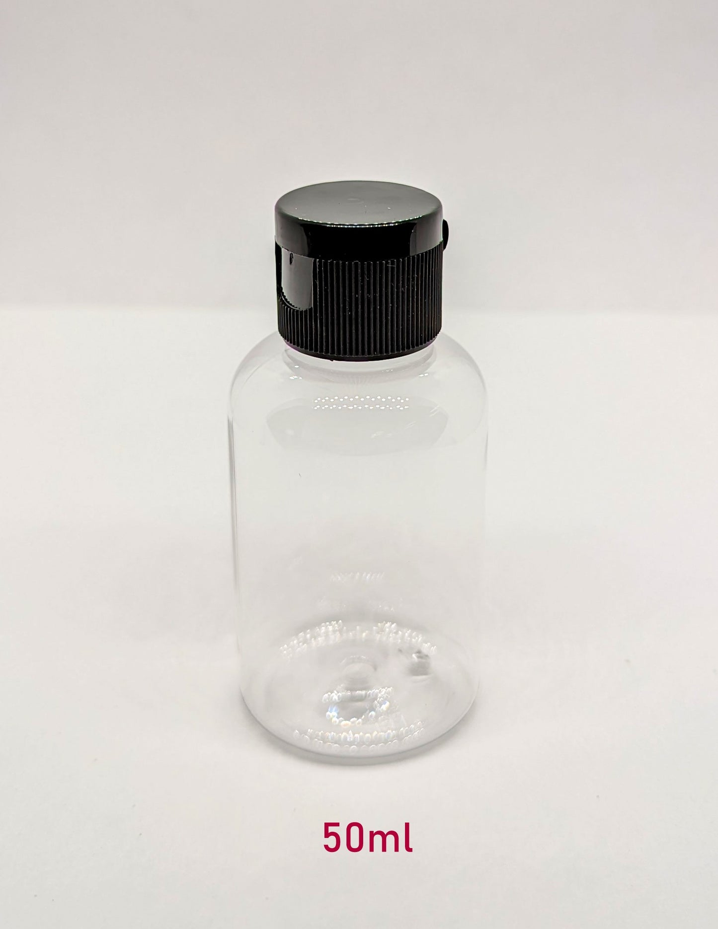 Clear Boston Round Plastic Bottle with Black Flip Cap - 50ml