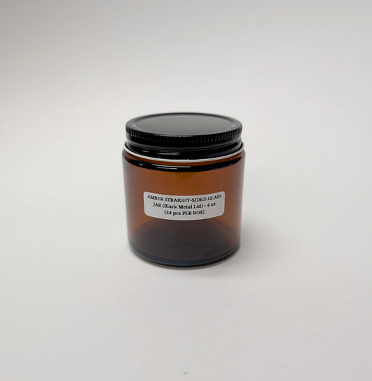 Amber Straight-Sided Glass Jars - 4 oz (Black Metal Lid) - 24pcs