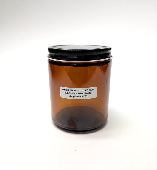 Amber Straight-Sided Glass Jars - 8 oz (Black Metal Lid) - 24pcs
