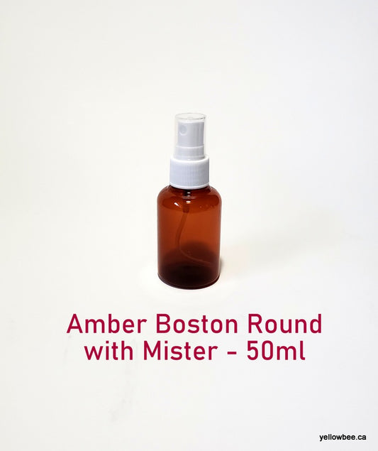Amber Boston Round Plastic Bottle with White Mister - 50ml
