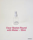 Clear Boston Round Plastic Bottle with White Mister - 50ml