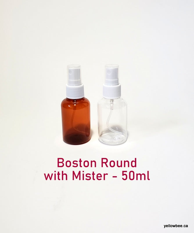 Clear Boston Round Plastic Bottle with White Mister - 50ml