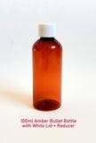 Amber Plastic Bullet Bottle with White Lid + Reducer - 100ml