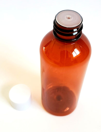 Amber Plastic Bullet Bottle with White Lid + Reducer - 100ml